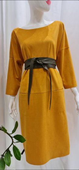 Tunikové šaty imitácia jelenice - okrovo žlté